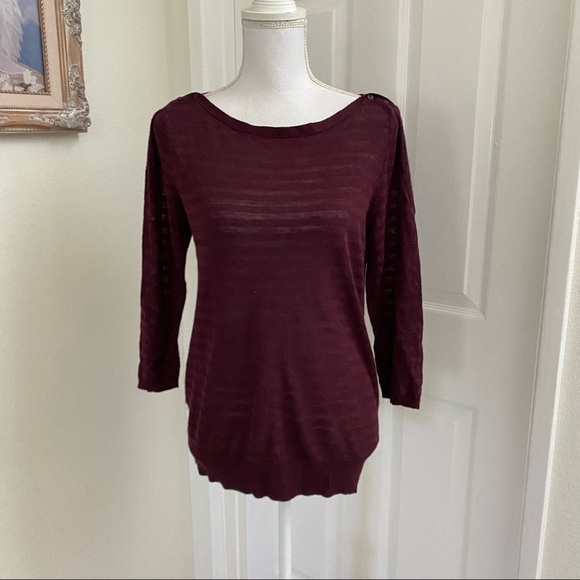 Loft Maroon 3/4 Sleeve Shoulder Button Burn Out Stripes Sweater Sz Med - Picture 3 of 6